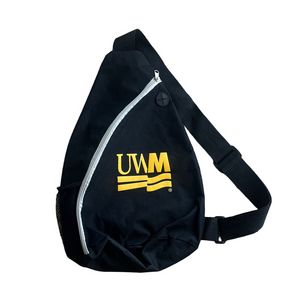uwm Black zip up Sling backpack Bag with yellow logo